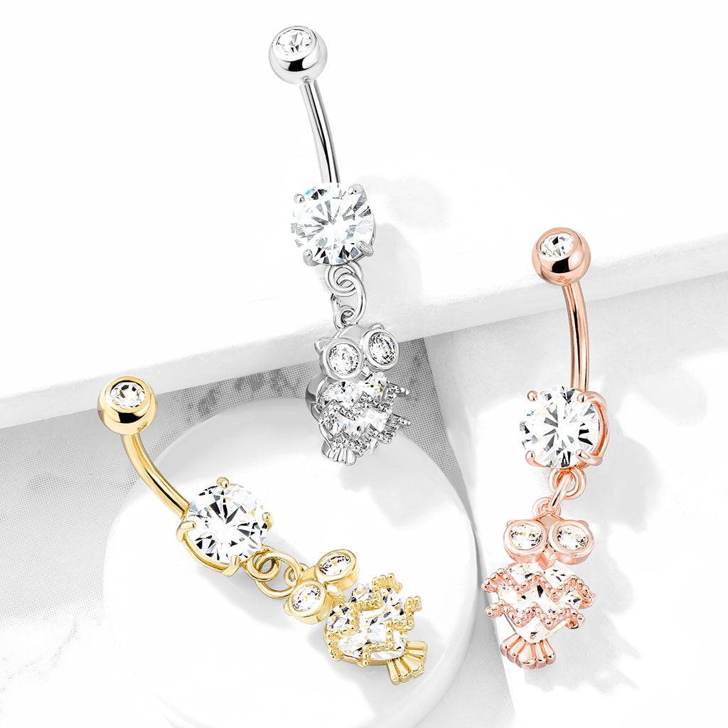 Cute Small CZ Dangle Owl Gold PVD Surgical Steel Belly Ring