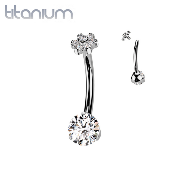 Implant Grade Titanium White CZ Internally Threaded Flower Top Belly Ring - Pierced Universe