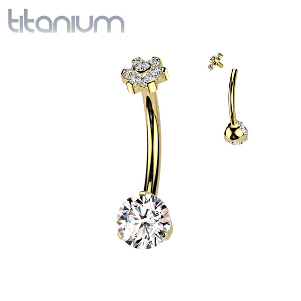 Implant Grade Titanium Gold PVD White CZ Internally Threaded Flower Top Belly Ring - Pierced Universe