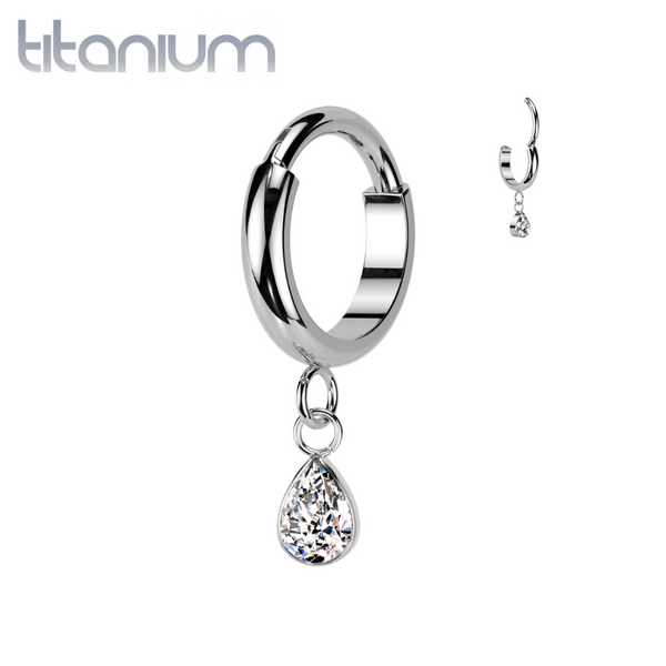 Implant Grade Titanium White CZ Teardrop Dangle Hinged Clicker Hoop