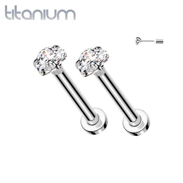 Pair of Implant Grade Titanium White CZ Heart Shaped Gem Threadless Push In Earrings With Flat Back