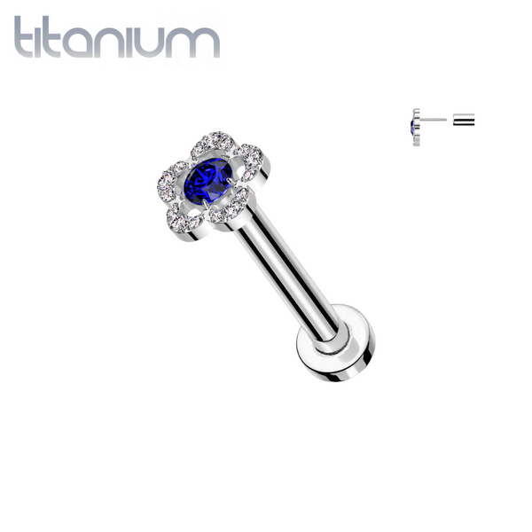 Implant Grade Titanium Threadless Large White & Blue CZ Petal Flower In Labret With Flat Back