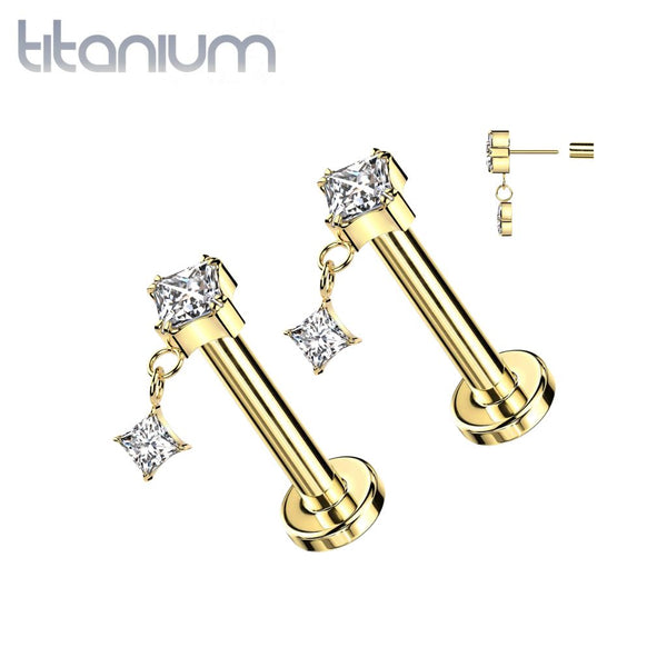 Pair of Implant Grade Titanium Gold PVD White CZ Square Gem Dangly Threadless Push In Earrings With Flat Back