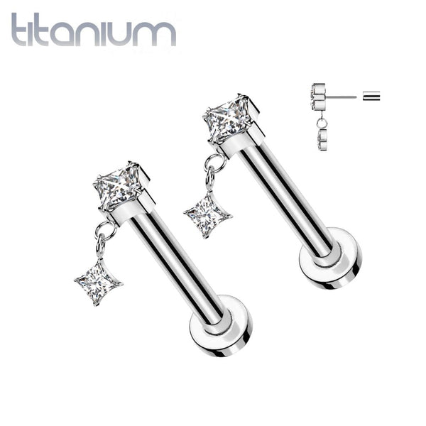 Pair of Implant Grade Titanium White CZ Square Gem Dangly Threadless Push In Earrings With Flat Back