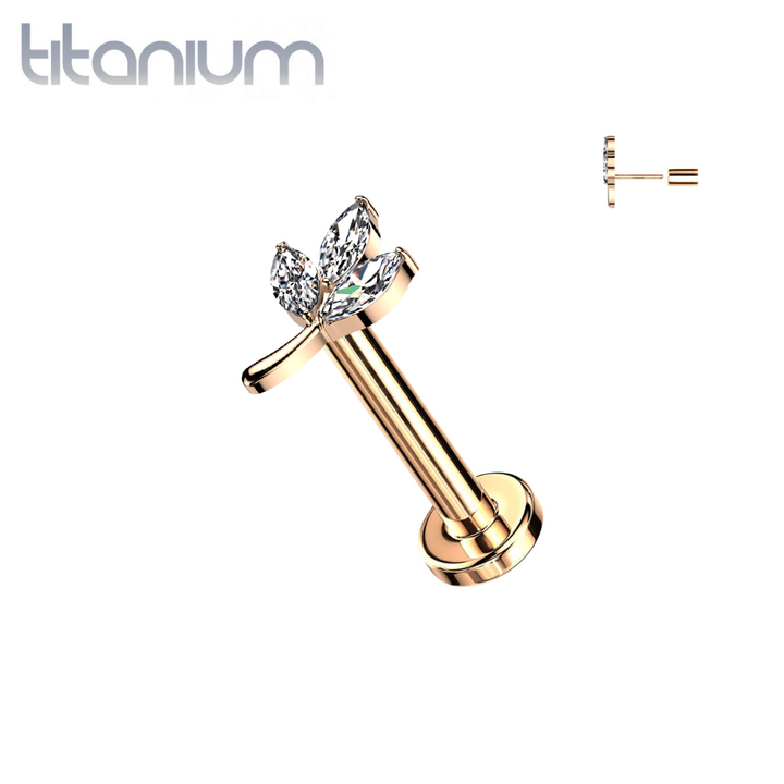 Implant Grade Titanium Rose Gold PVD White CZ Leaf Threadless Push In Labret - Pierced Universe