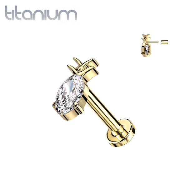 Implant Grade Titanium Gold PVD White CZ Gem Pineapple Threadless Push In Labret - Pierced Universe