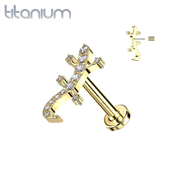 Implant Grade Titanium Gold PVD White CZ Gem Lizard Gecko Threadless Push In Labret - Pierced Universe