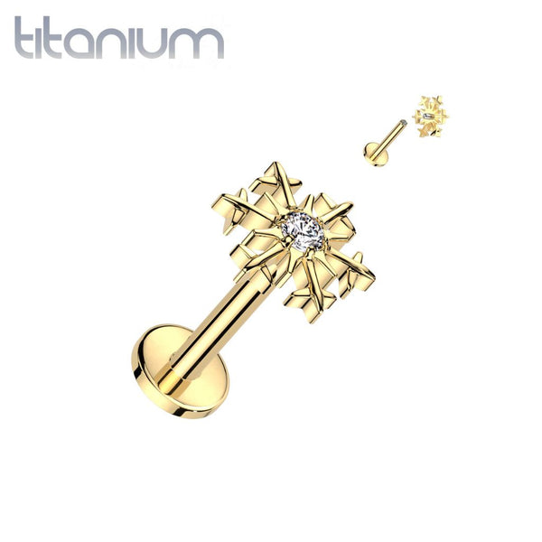 Implant Grade Titanium Gold PVD White CZ Snowflake Flat Back Labret - Pierced Universe