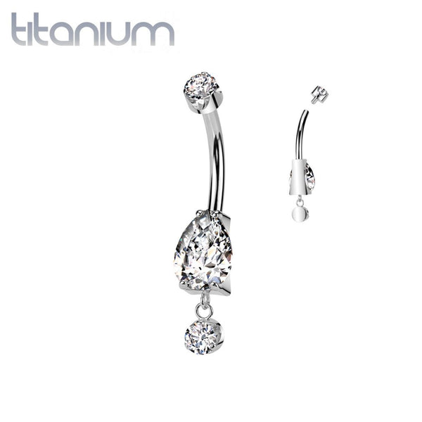 Implant Grade Titanium White CZ Teardrop Circle Dangle Belly Ring