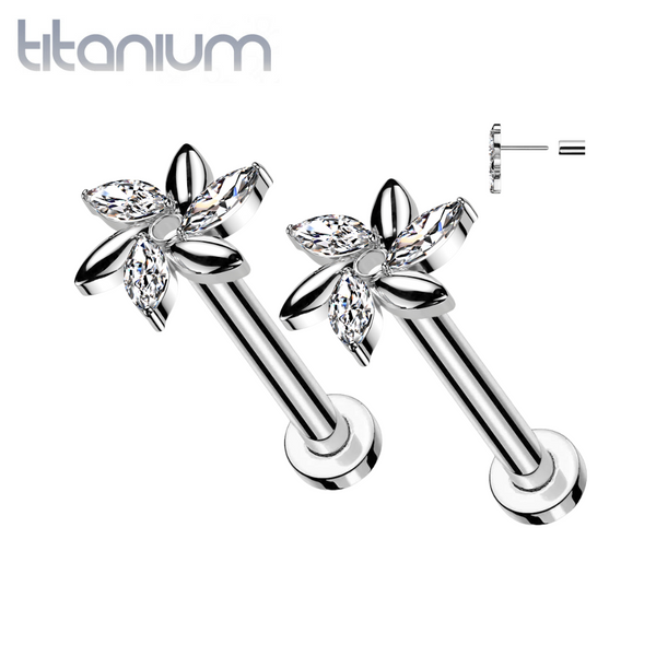 Pair of Implant Grade Titanium Threadless Marquise Flower Push In Earrings With Flat Back