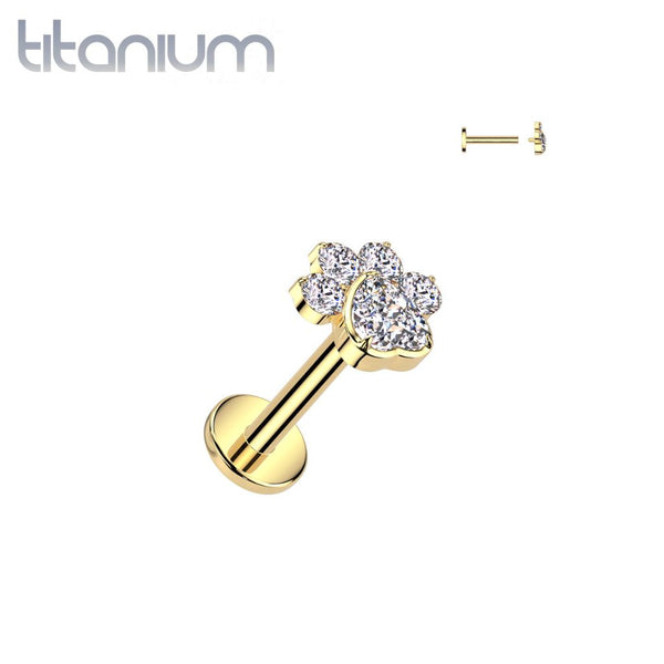 Implant Grade Titanium Gold PVD White CZ Gem Paw Print Internally Threaded Flat Back Labret