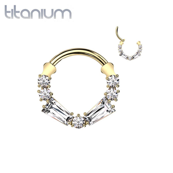 Implant Grade Titanium Gold PVD White CZ Baguette Gem Hinged Clicker Hoop