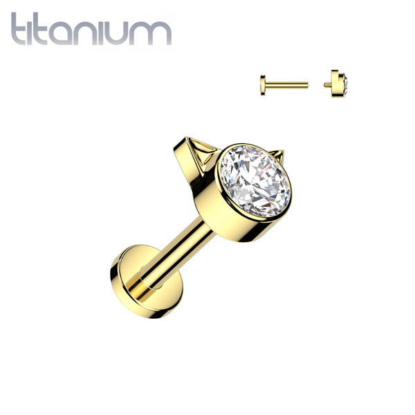 Implant Grade Titanium Gold PVD White CZ Cat Internally Threaded Flat Back Labret