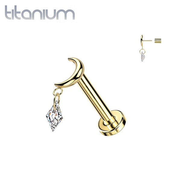 Implant Grade Titanium Gold PVD Crescent Moon White CZ Dangle Push In Threadless Labret With Flat Back