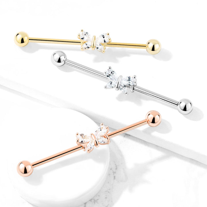 316L Surgical Steel White CZ Gem Butterfly Industrial Barbell - Pierced Universe