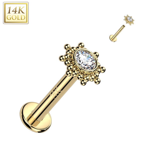 14KT Yellow Gold White CZ Beaded Internally Threaded Flat Back Labret - Pierced Universe