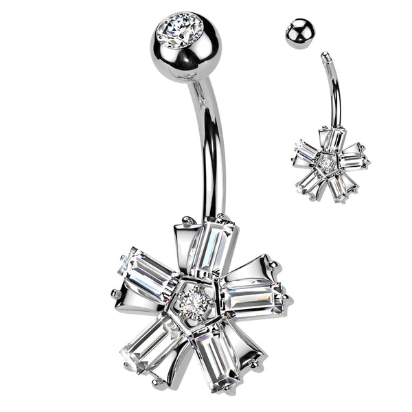 316L Surgical Steel White CZ Baguette 5 Petal Flower Belly Ring - Pierced Universe