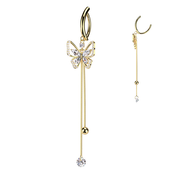 316L Surgical Steel Gold PVD White CZ Butterfly Dangle Hinged Clicker Belly Ring