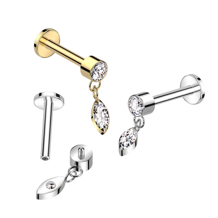 Implant Grade Titanium White CZ Marquise Gem Dangle Flat Back Labret - Pierced Universe