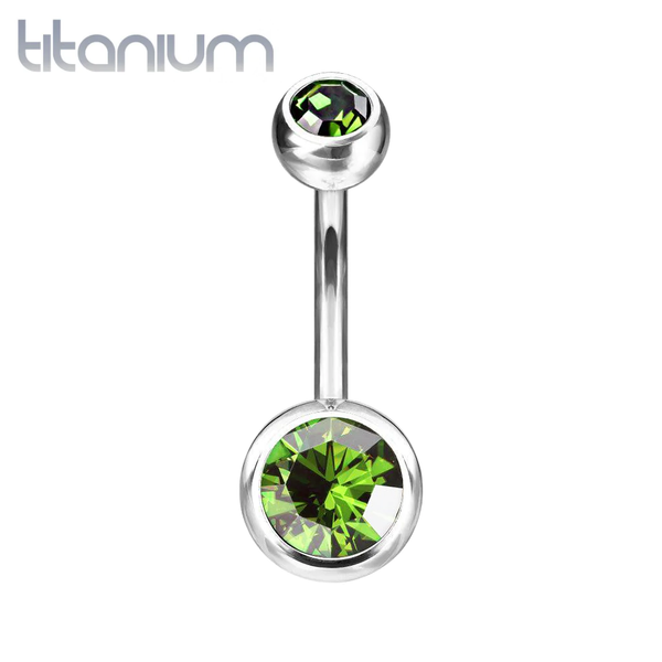 Implant Grade Titanium Double Ball Green CZ Gem Belly Ring - Pierced Universe