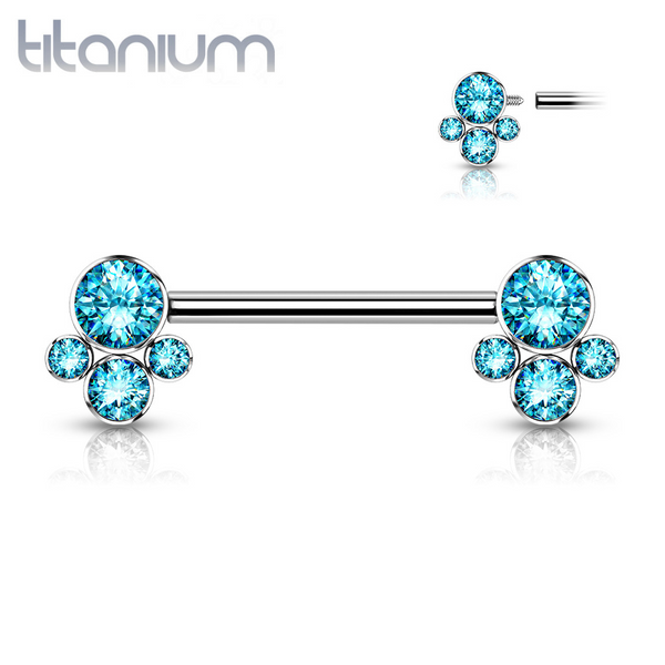 Implant Grade Titanium Internally Threaded Aqua CZ Cluster Nipple Ring Straight Barbell