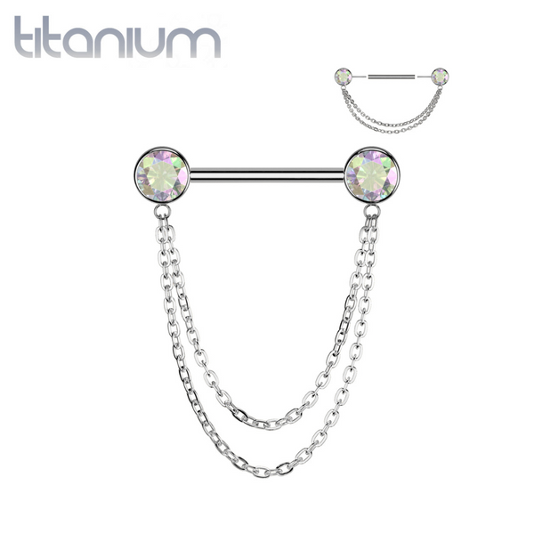 Implant Grade Titanium AB CZ Bezel Chain Dangle Threadless Push In Straight Barbell Nipple Ring