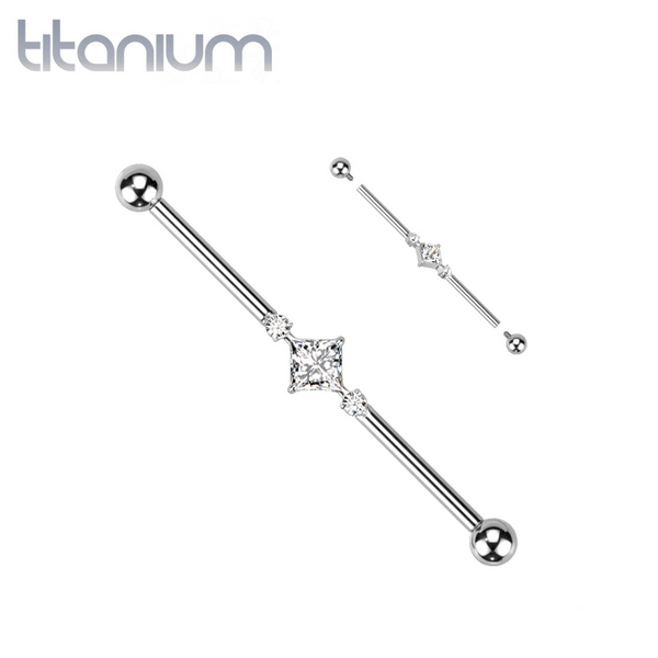 Implant Grade Titanium White CZ Square & Circle Gem Cluster Industrial Straight Barbell