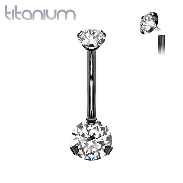 Implant Grade Titanium Black PVD Internally Threaded Small Dainty White CZ Prong Belly Button Navel Ring