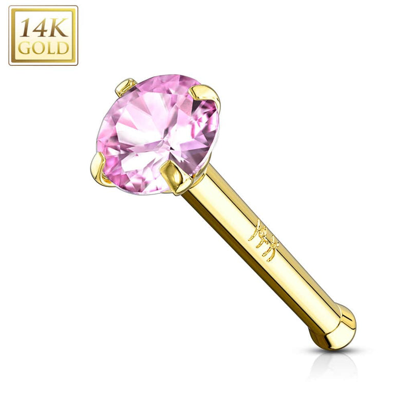 14KT Solid Yellow Gold Ball End Pink CZ Prong Nose Pin Ring - Pierced Universe