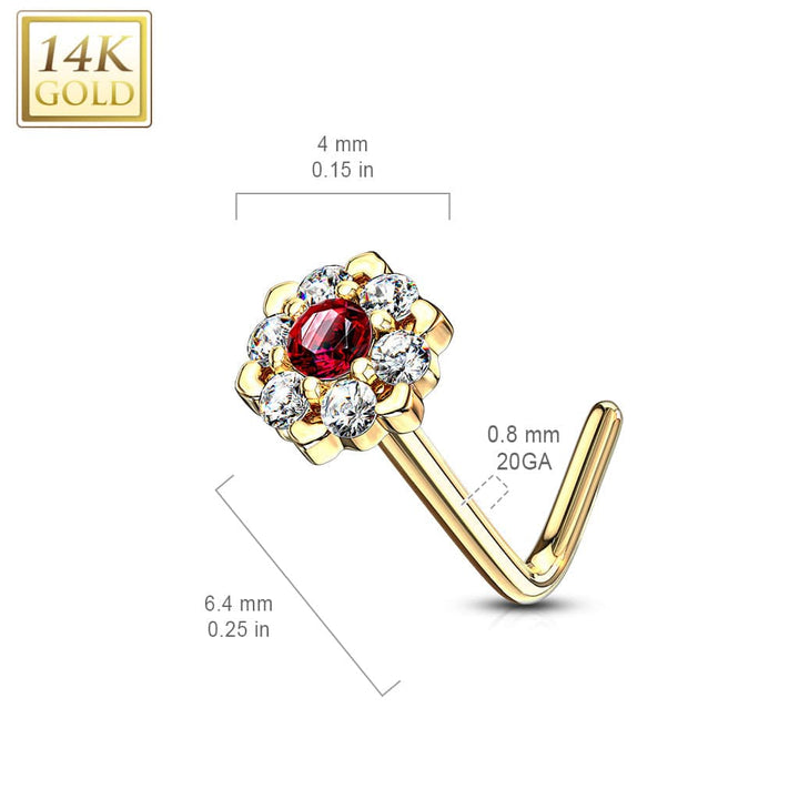 14KT Solid Yellow Gold White & Aqua CZ Cluster Flower L shape Nose Ring Stud - Pierced Universe