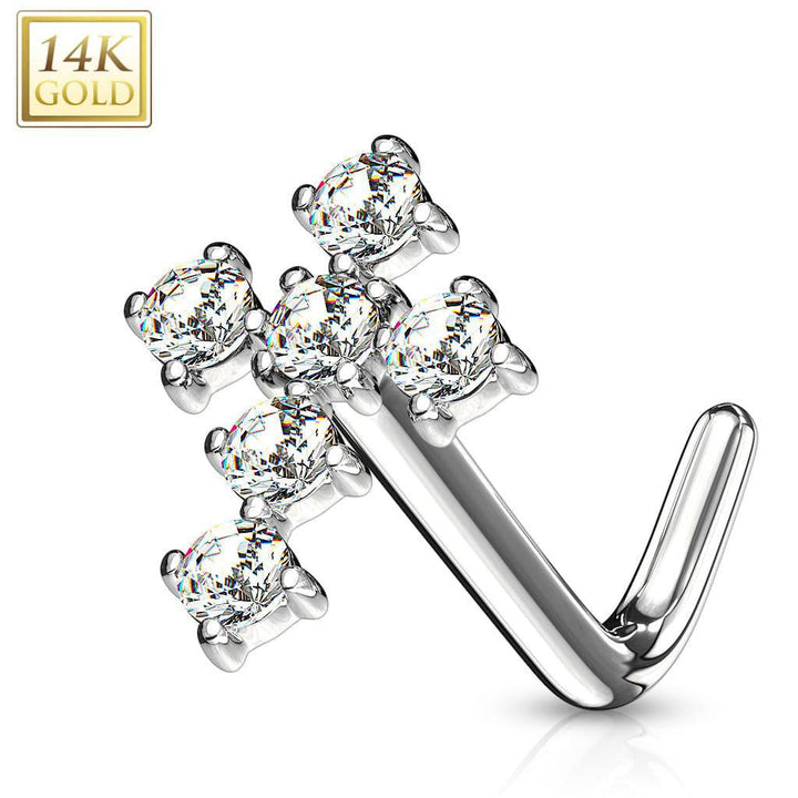 14KT White Gold White "L" Bent Cross CZ Nose Ring Stud - Pierced Universe