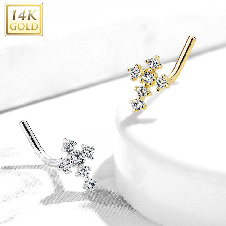 14KT White Gold White "L" Bent Cross CZ Nose Ring Stud - Pierced Universe