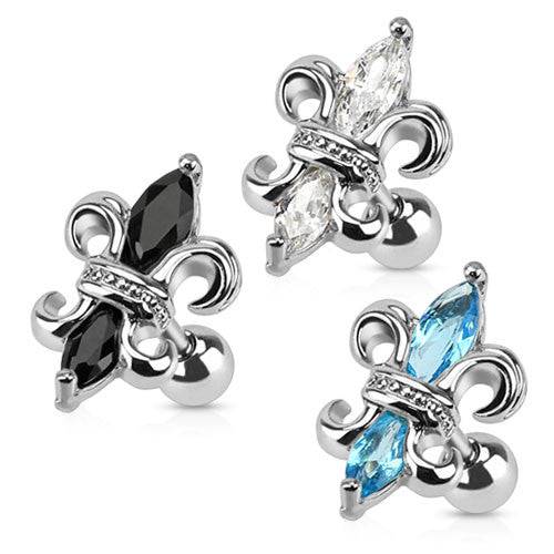 16ga Surgical Steel Fleur De Lis CZ Cartilage Helix Ball Back Ear Barbell Ring - Pierced Universe