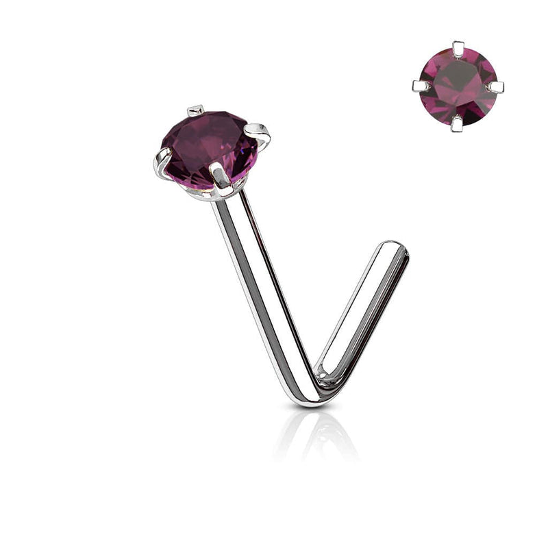 316L Surgical Steel 3mm CZ Purple Gem Prong L Shape Nose Stud - Pierced Universe