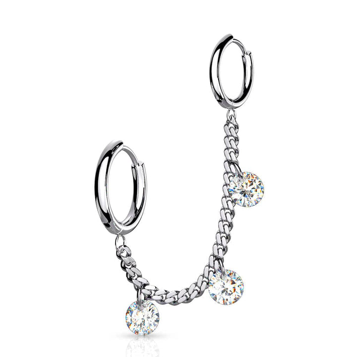 316L Surgical Steel Chain Link Double Hoop Earring with White CZ Gem Dangle - Pierced Universe