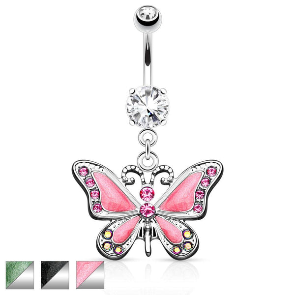 316L Surgical Steel Dangling Epoxy CZ Cute Butterfly Belly Button