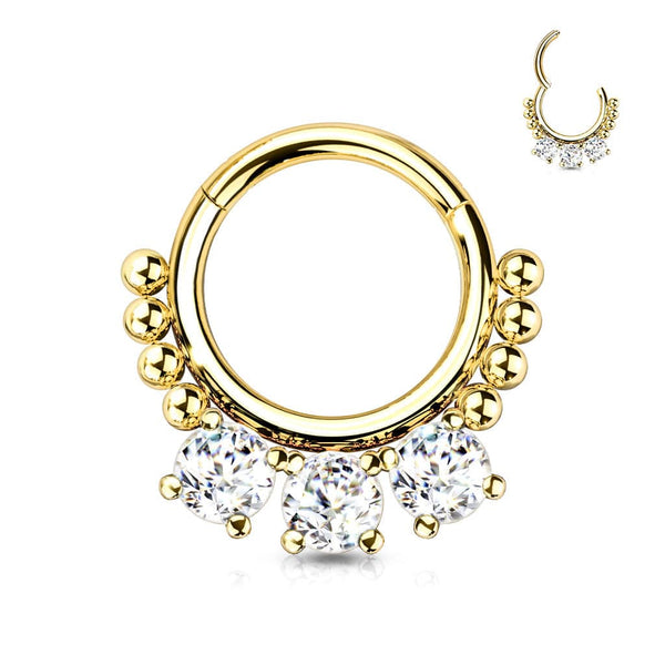 316L Surgical Steel Gold PVD White CZ Beaded Hinged Septum Clicker Hoop - Pierced Universe