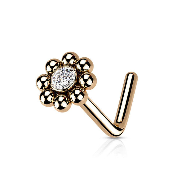 316L Surgical Steel Rose Gold PVD Ball White CZ Gem Flower L-Shape Nose Ring Stud - Pierced Universe