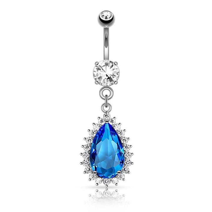 316L Surgical Steel Stunning Large Blue Teardrop Dangling Belly Ring - Pierced Universe