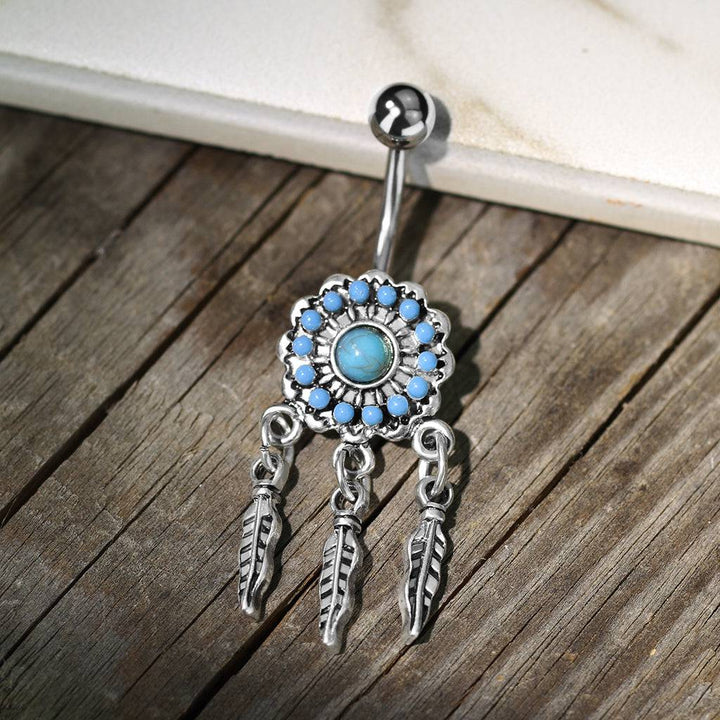 316L Surgical Steel Turquoise Dream Catcher Dangly Belly Ring - Pierced Universe