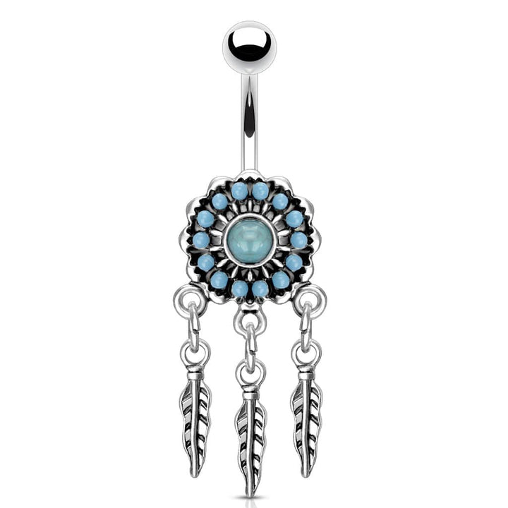 316L Surgical Steel Turquoise Dream Catcher Dangly Belly Ring - Pierced Universe