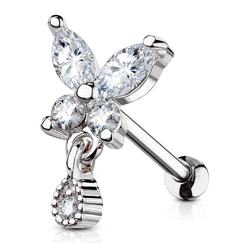 316L Surgical Steel White CZ Butterfly w. Teardrop Dangle Helix Barbell - Pierced Universe