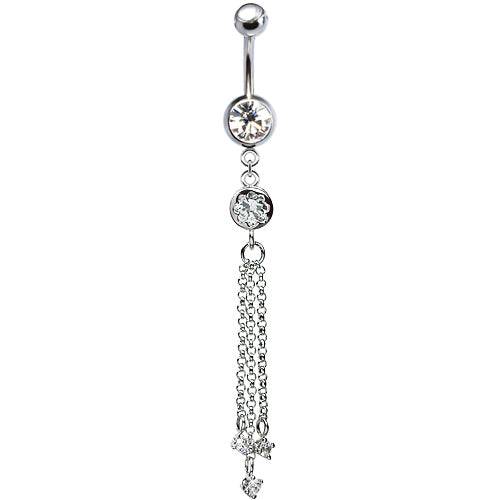 316L Surgical Steel White CZ Gem Chain Diamond Dangle Belly Ring - Pierced Universe