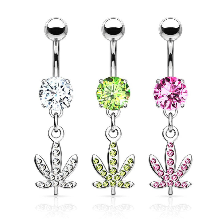 316L Surgical Steel White CZ Weed Leaf Dangle Belly Ring - Pierced Universe