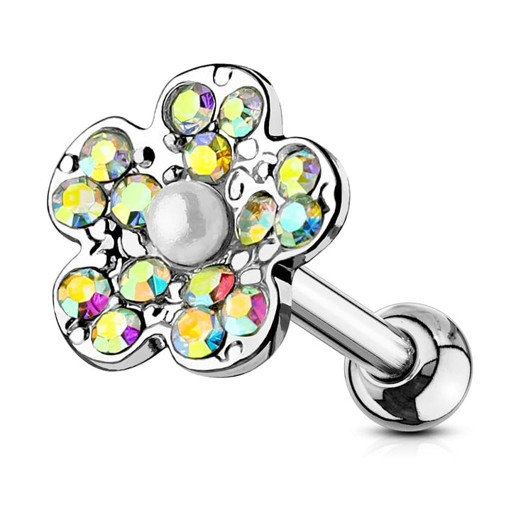 316L Surgical Steel White Pearl AB CZ Flower Cartilage Stud - Pierced Universe