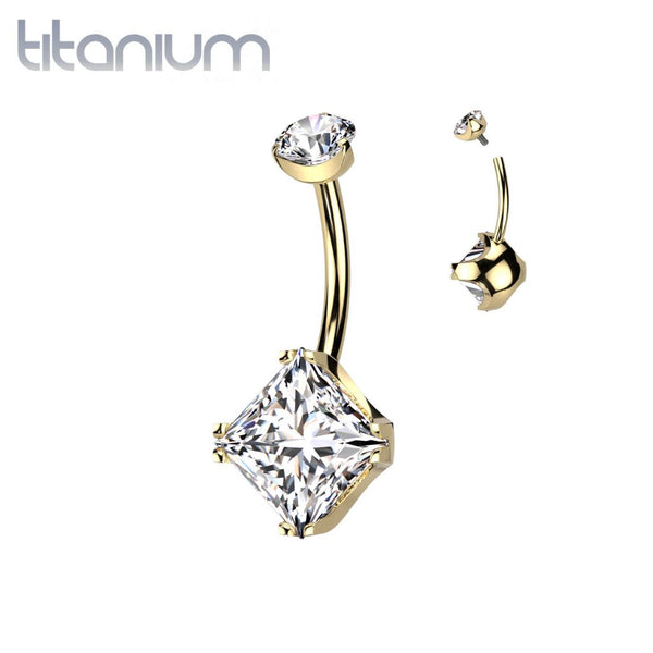 Implant Grade Titanium Gold PVD White CZ Simple Square Gem Belly Ring - Pierced Universe