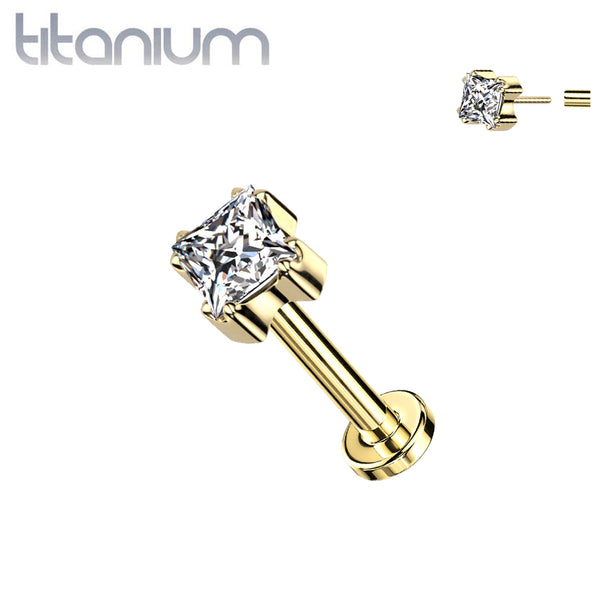 Implant Grade Titanium Gold PVD White CZ Square Gem Top Threadless Push In Labret - Pierced Universe