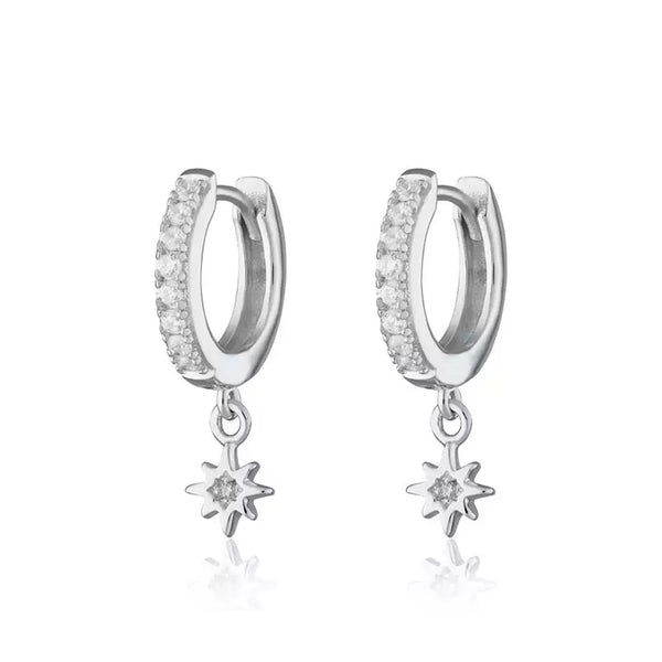 Pair of 925 Sterling Silver Dainty Starburst Dangle Minimal Hoop Earrings - Pierced Universe