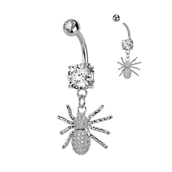 316L Surgical Steel White CZ Spider Dangle Belly Ring - Pierced Universe