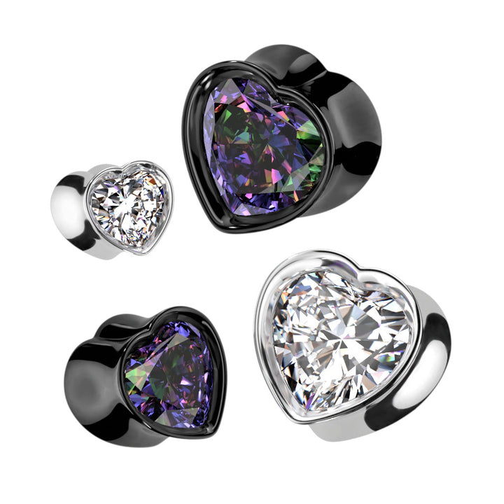 316L Surgical Steel Black PVD Vitrail Medium CZ Heart Shaped Double Flared Plug - Pierced Universe